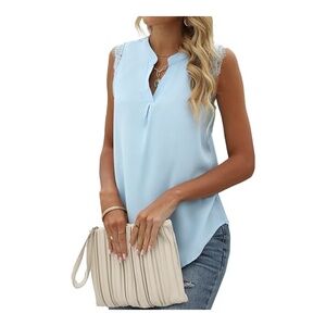 Summer Casual Sleeveless V Neck Lace Trim Tank Top Loose Blouse Tee